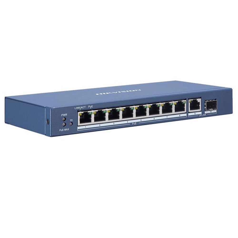 Hikvision DS-3E0510P-E Unmanaged Desktop Switch 8 Ports PoE 101001000Mbps + 1 Port RJ45 101001000Mbps Uplink + 1 Port SFP 101001000Mbps Uplink 110W