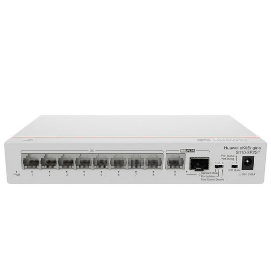 Huawei eKitEngine S110-8P2ST Unmanaged Desktop Switch 8 Ports PoE 101001000Mbps + 1 Port RJ45 101001000Mbps Uplink + 1 Port SFP 101001000Mbps 124W