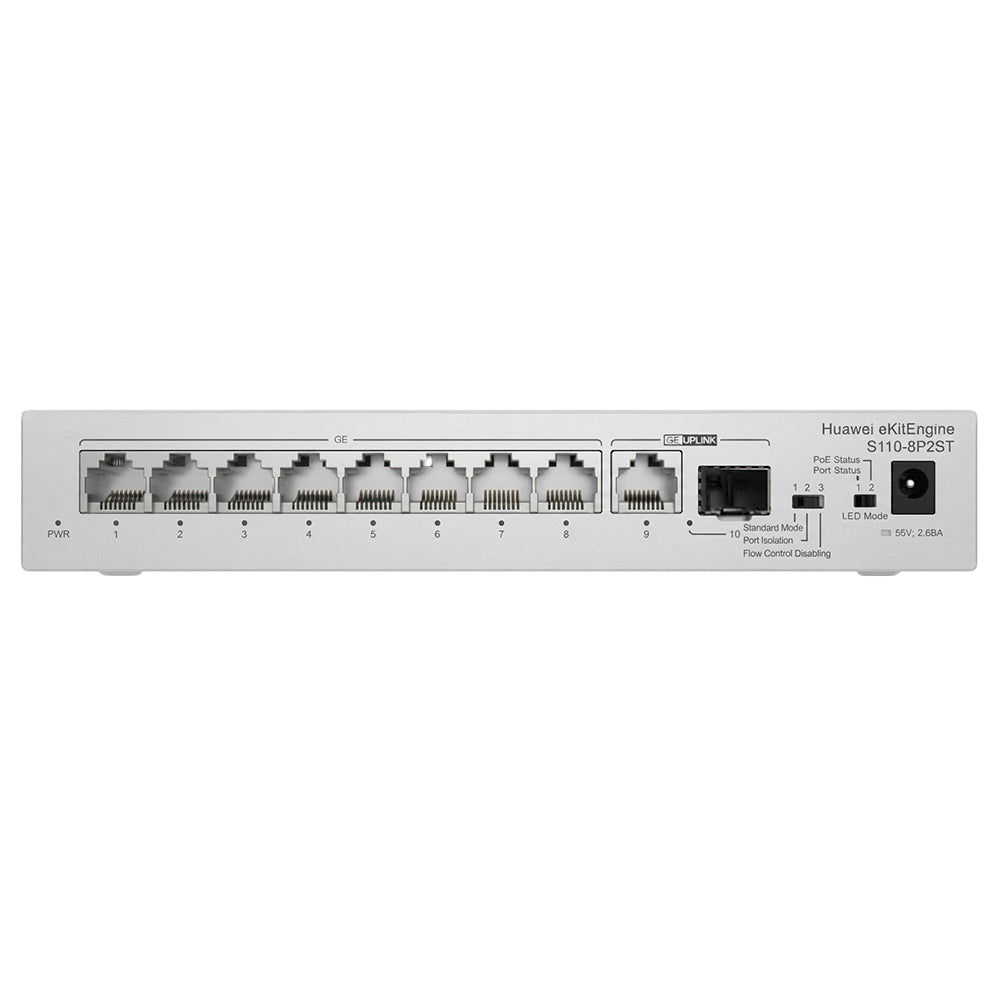 Huawei eKitEngine S110-8P2ST Unmanaged Desktop Switch 8 Ports PoE 101001000Mbps + 1 Port RJ45 101001000Mbps Uplink + 1 Port SFP 101001000Mbps