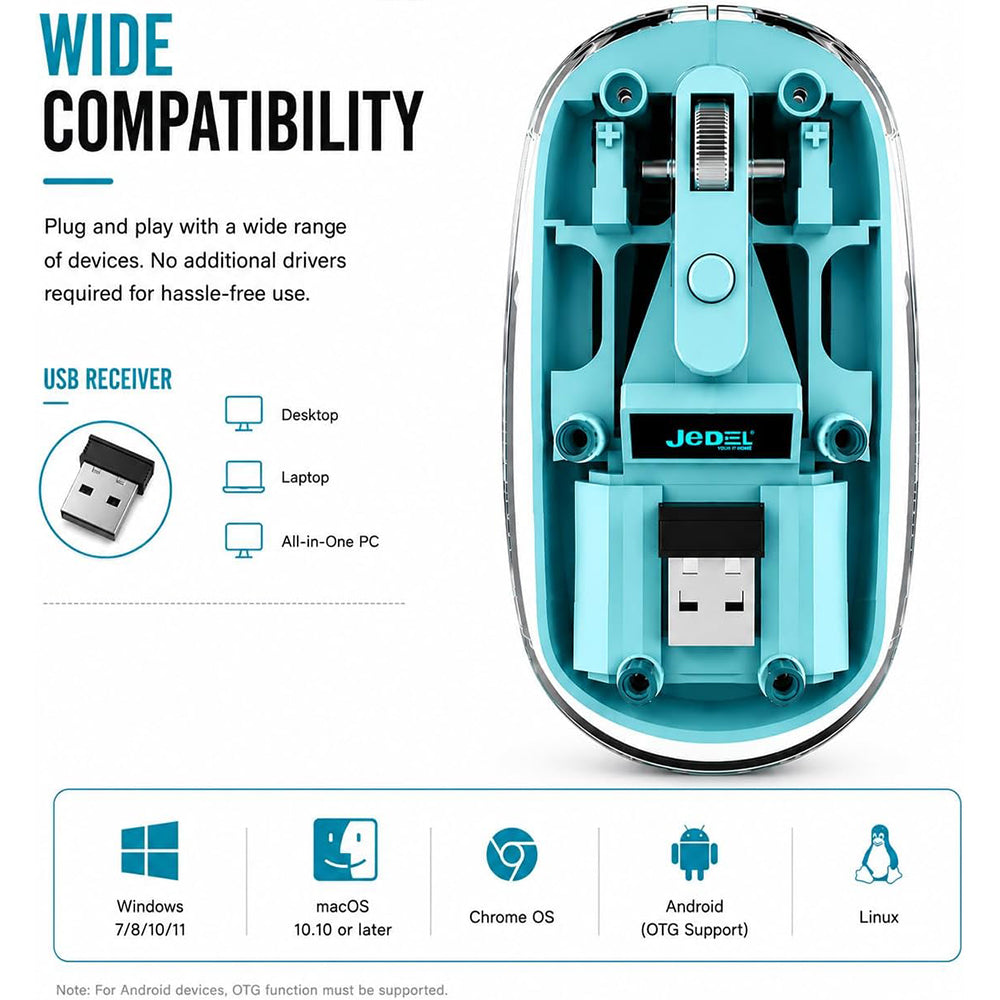 Jedel WD131P-BU Dual Mode Rechargeable Bluetooth Wireless Mouse 1600Dpi - Blue
