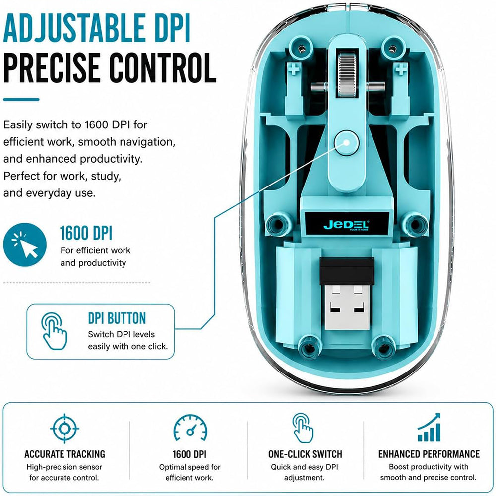 Jedel WD131P-BU Dual Mode Rechargeable Bluetooth Wireless Mouse 1600Dpi - Blue