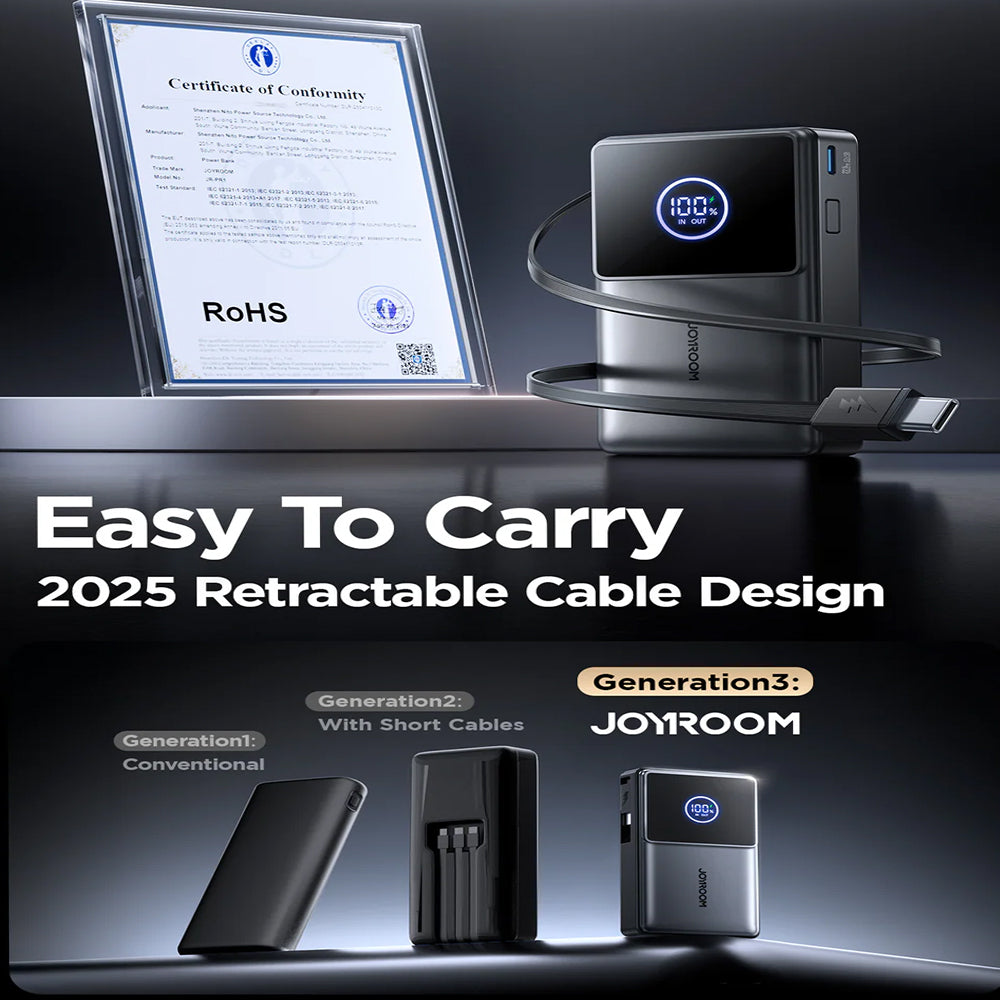 باور بانك جوي روم منفذ تايب سي 22.5 وات 10000 مللي أمبير كابل تايب سي قابل للسحب مدمج Elva Series JR-PR1 Mini - اسود 