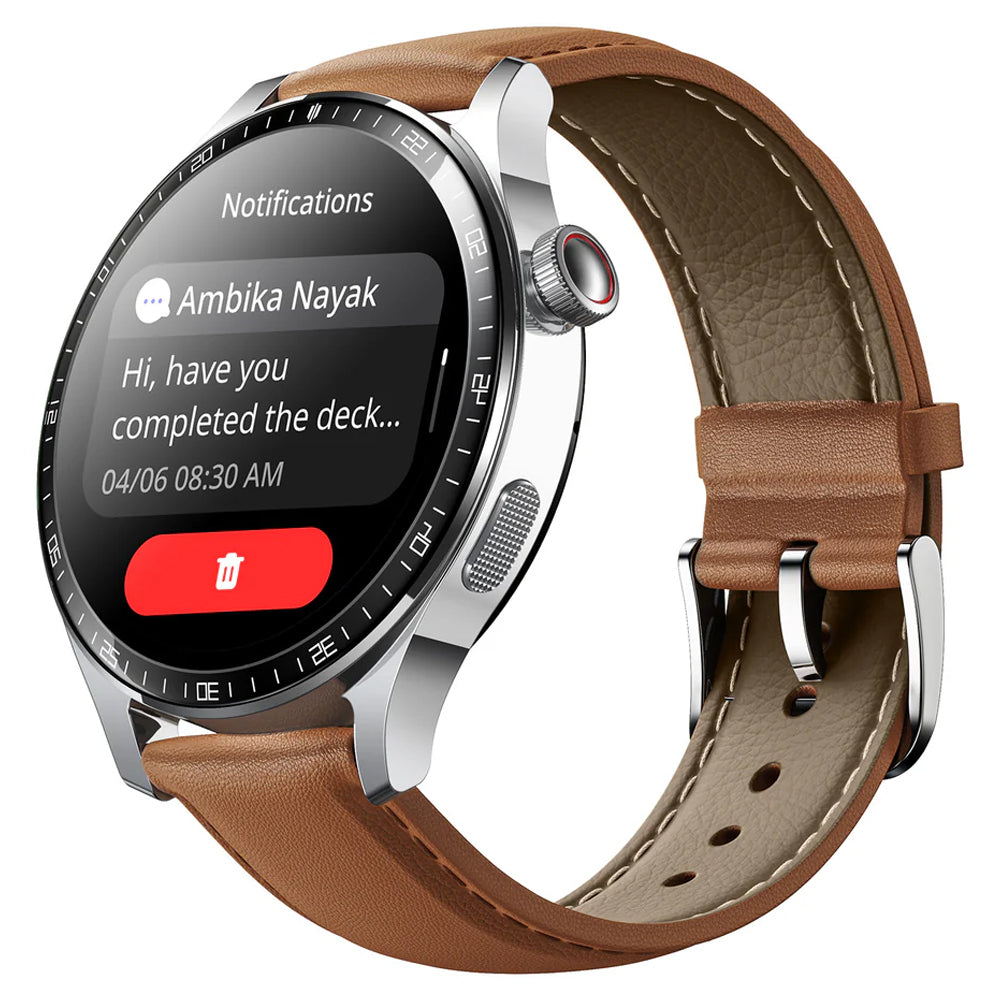 Joyroom JR-FC2 Pro Smart Watch Moonlight Silver Case With Brown Leather Strap & Extra Silicone Strap