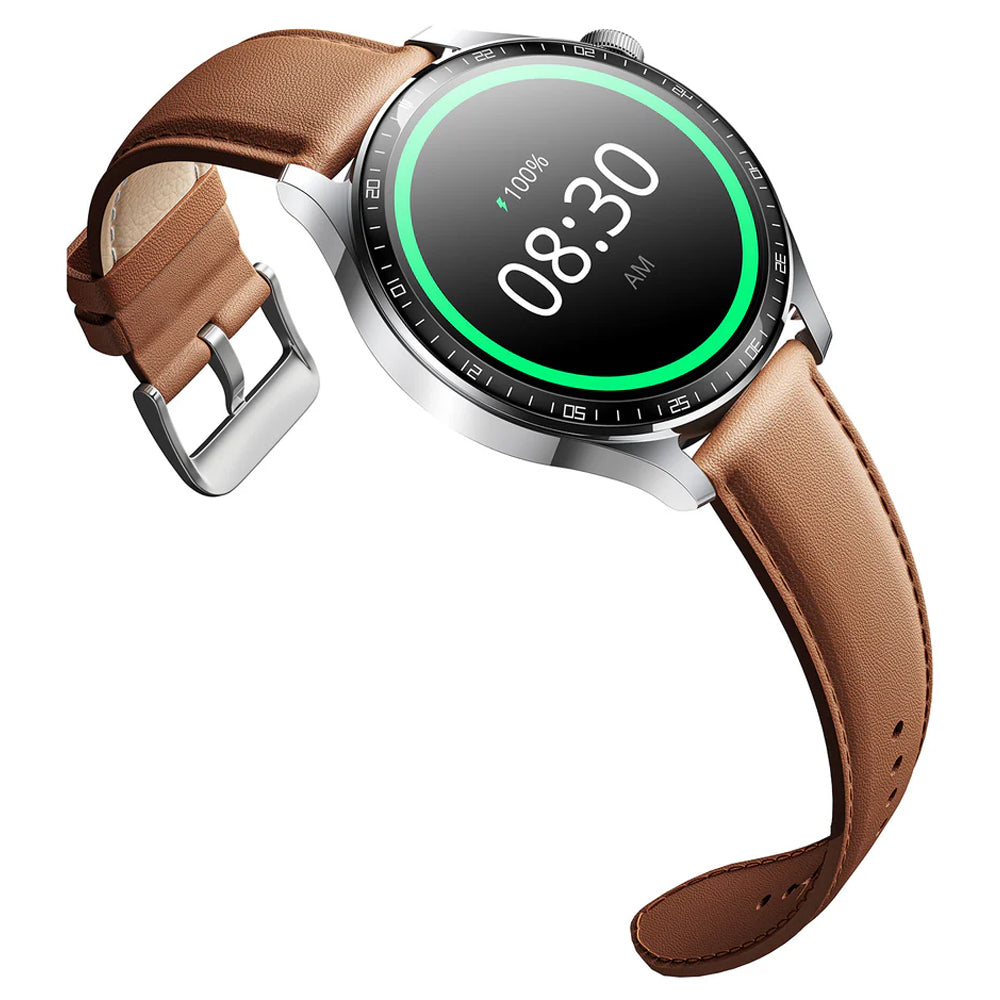 Joyroom JR-FC2 Pro Smart Watch Moonlight Silver Case With Brown Leather Strap & Extra Silicone Strap