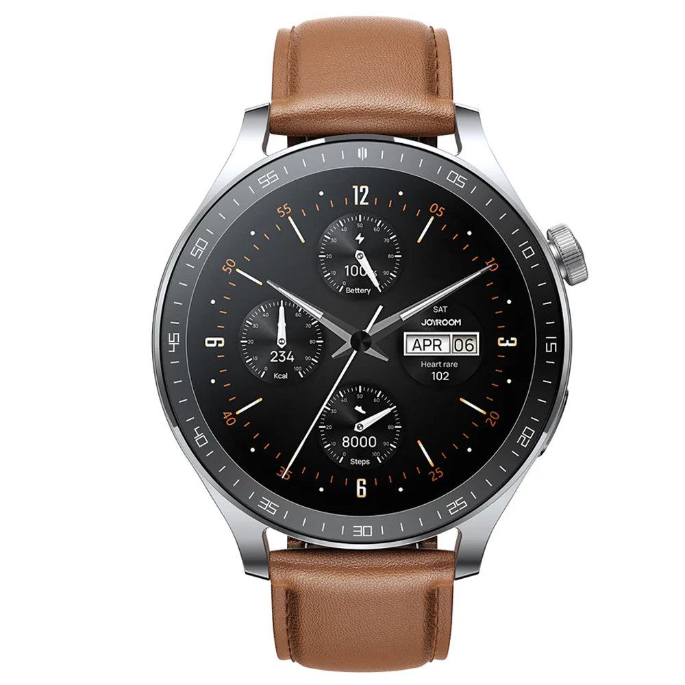 Joyroom JR-FC2 Pro Smart Watch Moonlight Silver Case With Brown Leather Strap & Extra Silicone Strap