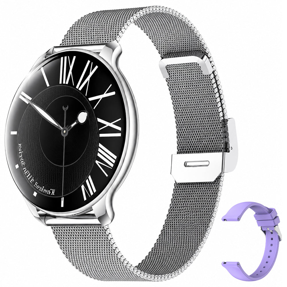 Kieslect Elfin Smart Watch Silver Case With Silver Metal Strap & Extra Purple Silicone Strap