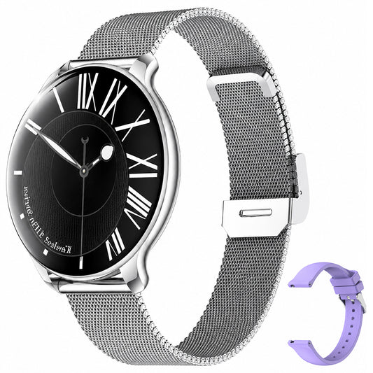 Kieslect Elfin Smart Watch Silver Case With Silver Metal Strap & Extra Purple Silicone Strap