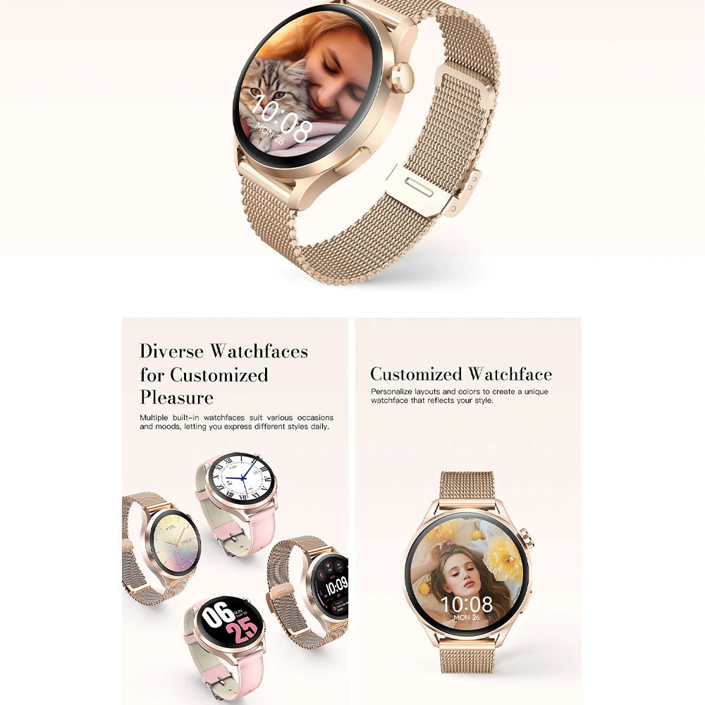 Kieslect Lora 3 Smart Watch Starlight Case With Gold Metal Starp & Extra Pink Purple Leather Strap