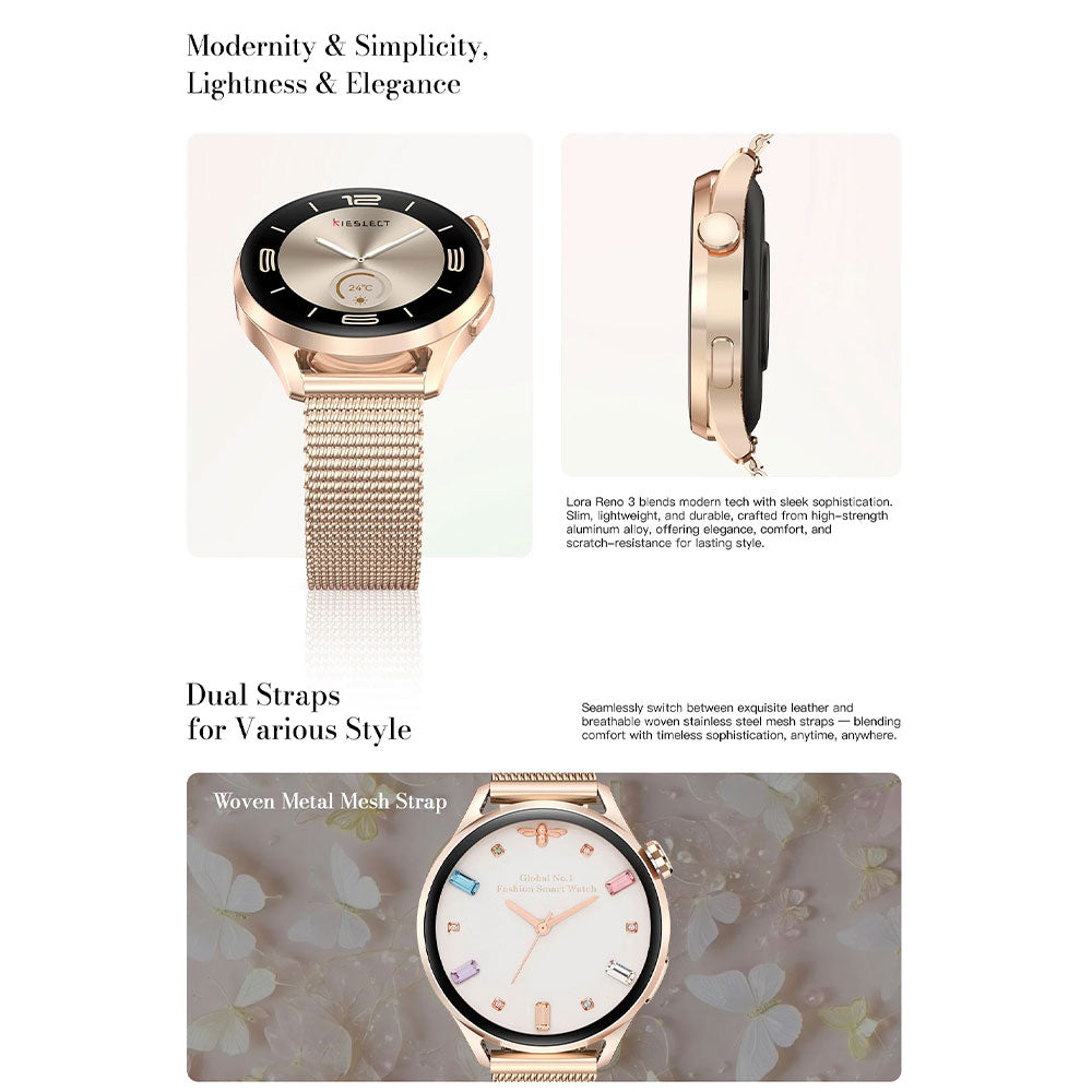 Kieslect Lora 3 Smart Watch Starlight Case With Gold Metal Starp & Extra Pink Purple Leather Strap