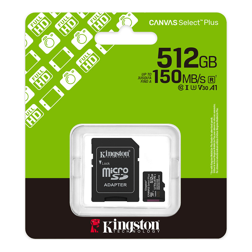 ميمورى كارد كينجستون 512 جيجابايت Canvas Select Plus Class 10 Micro SD