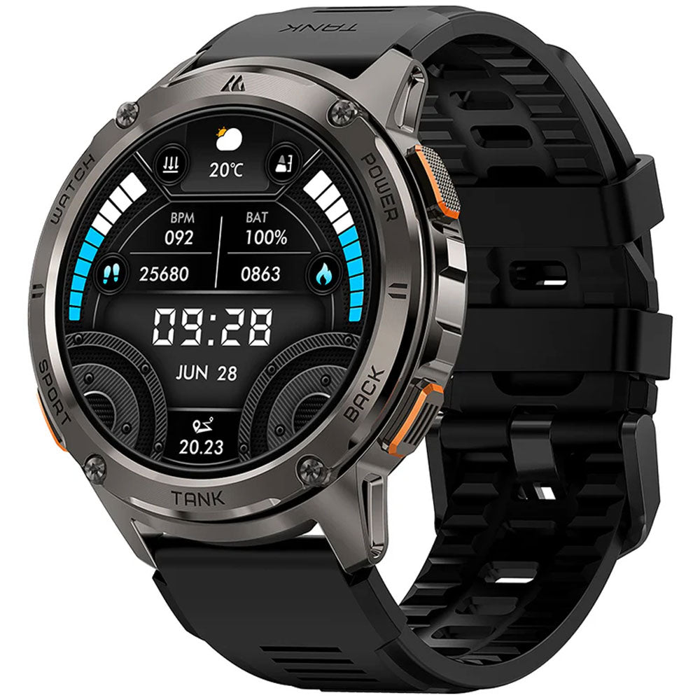 Kospet Tank T3 Smart Watch Black Zinc Alloy Case With Black Silicone Strap