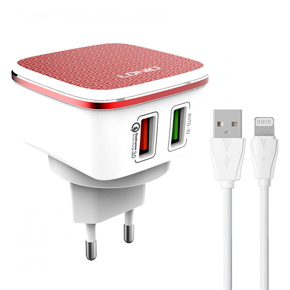 Ldnio A2405Q Wall Charger USB + QC3.0 USB + Lightning Cable 30W Fast Charging