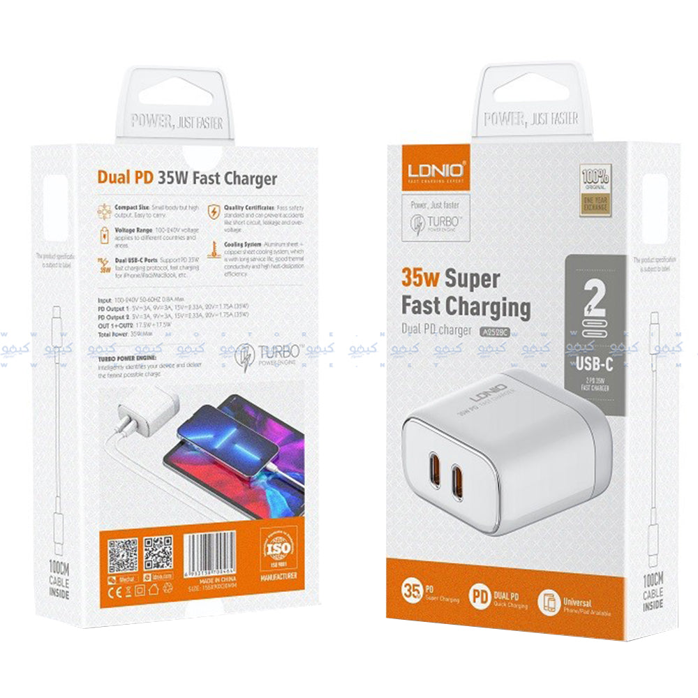 Ldnio A2528C Wall Charger 2x Type-C + Type-C Cable 35W Fast Charging