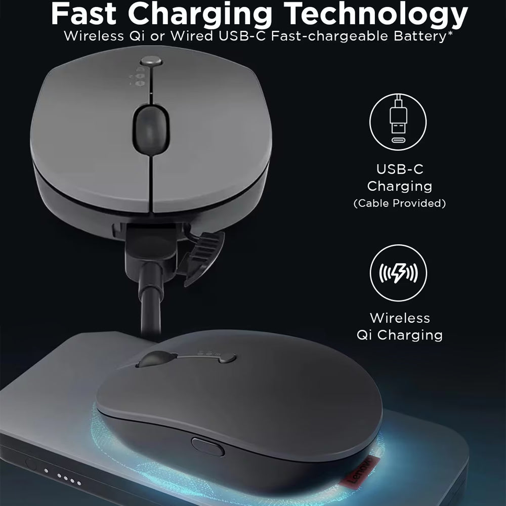 ماوس لينوفو لاسلكي بلوتوث قابل  للشحن  2400 نقطة فى البوصة Go Triple Mode - رمادي داكن 