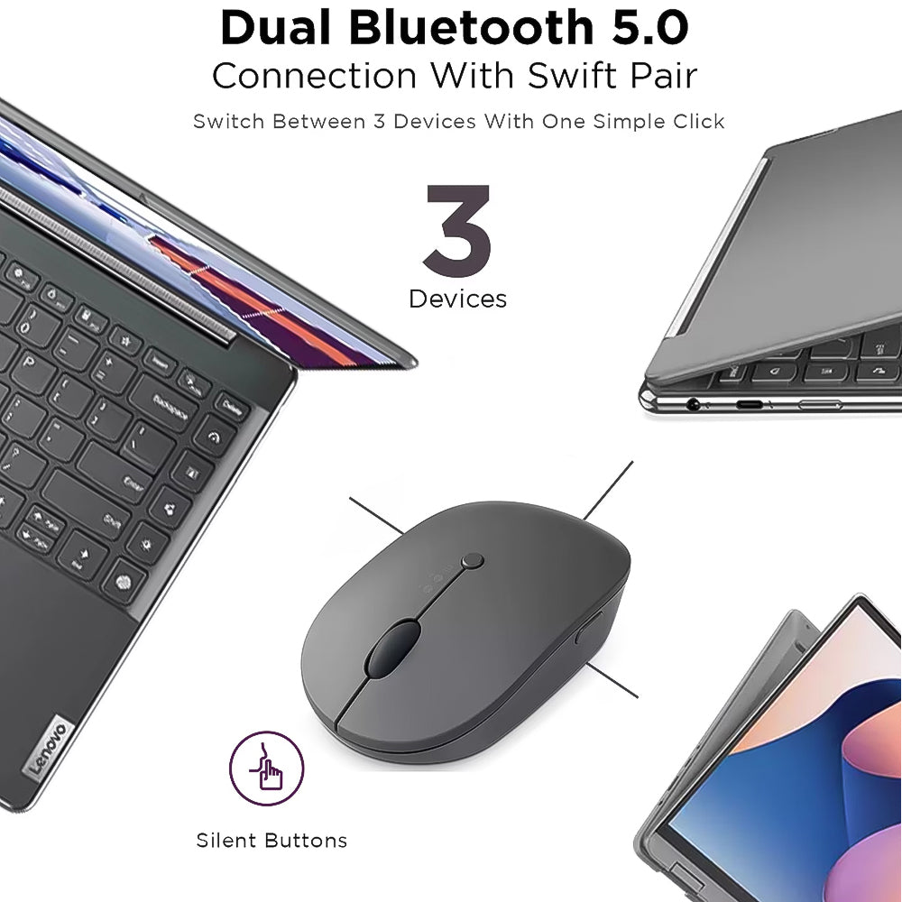 ماوس لينوفو لاسلكي بلوتوث قابل  للشحن  2400 نقطة فى البوصة Go Triple Mode - رمادي داكن 