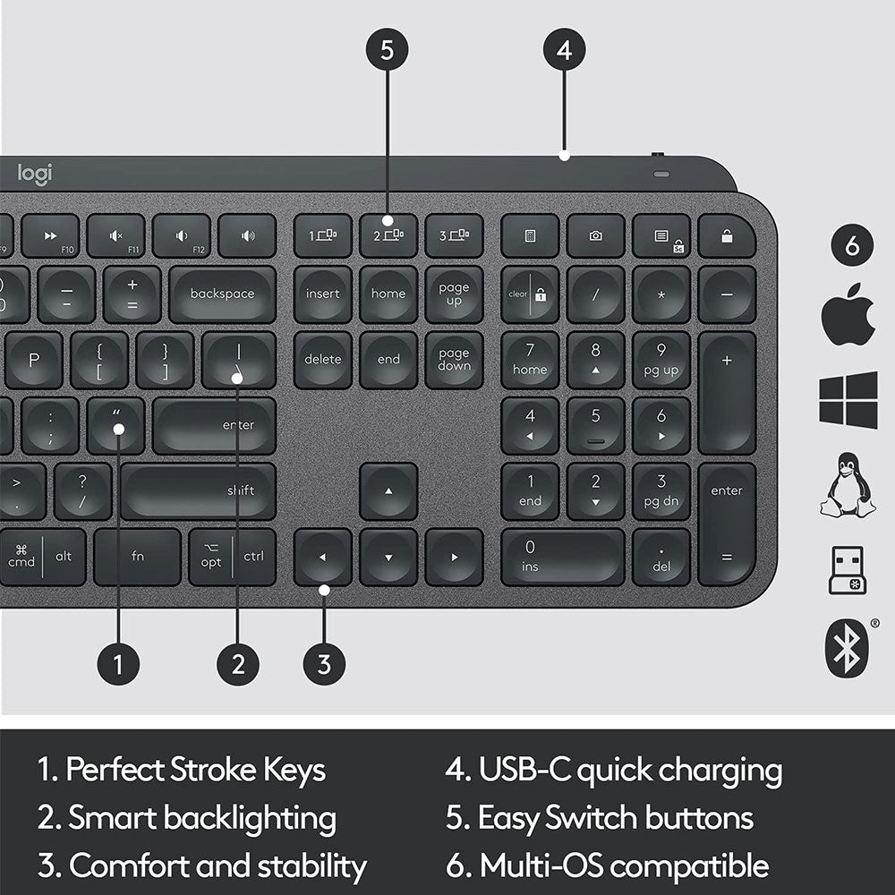 كيبورد لوجيتك MX Keys S بلوتوث لاسلكي إنجليزي وعربي - جرافيت