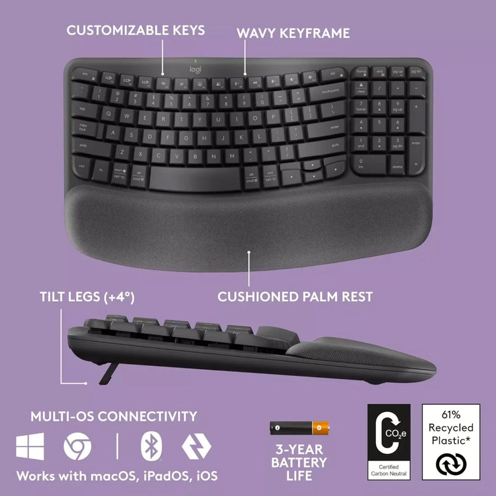 Logitech Wave Keys Ergonomic Dual Mode Bluetooth Wireless Keyboard English & Arabic - Graphite