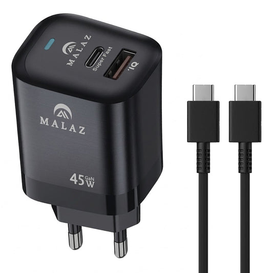 Malaz ML-818 Wall Charger USB + Type-C + Type-C Cable 45W Fast Charging - Black