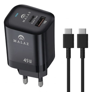 Malaz ML-818 Wall Charger USB + Type-C + Type-C Cable 45W Fast Charging - Black