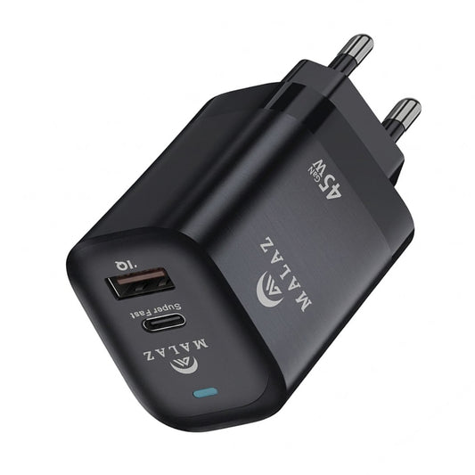 Malaz ML-818 Wall Charger USB + Type-C + Type-C Cable 45W Fast Charging - Black