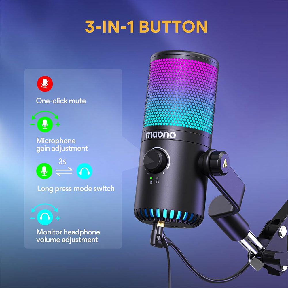 مجموعة ميكروفون ماونو سلكي RGB جيمينج USB بمكثف احترافي DM30RGB - اسود