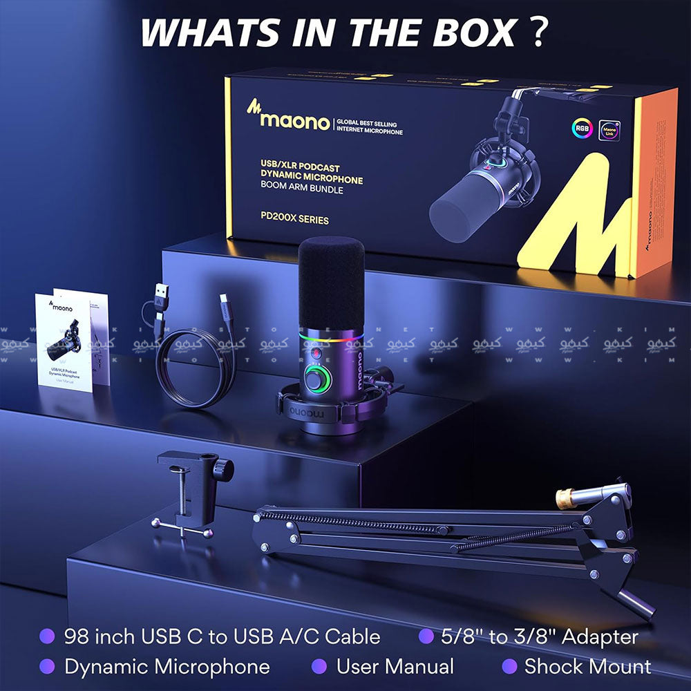 مجموعة ميكروفون ماونو سلكي RGB جيمنج بودكاست ديناميكي PD200XS - اسود