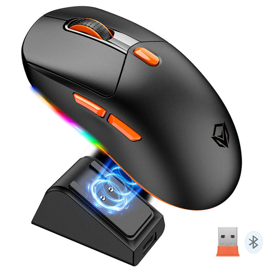 ماوس ميشن لاسلكي و سلكي بلوتوث ثلاثي الوضع قابل للشحن RGB جيمنج 8000 نقطة فى البوصة مع قاعدة شحن مغناطيسية Air GW38 - اسود