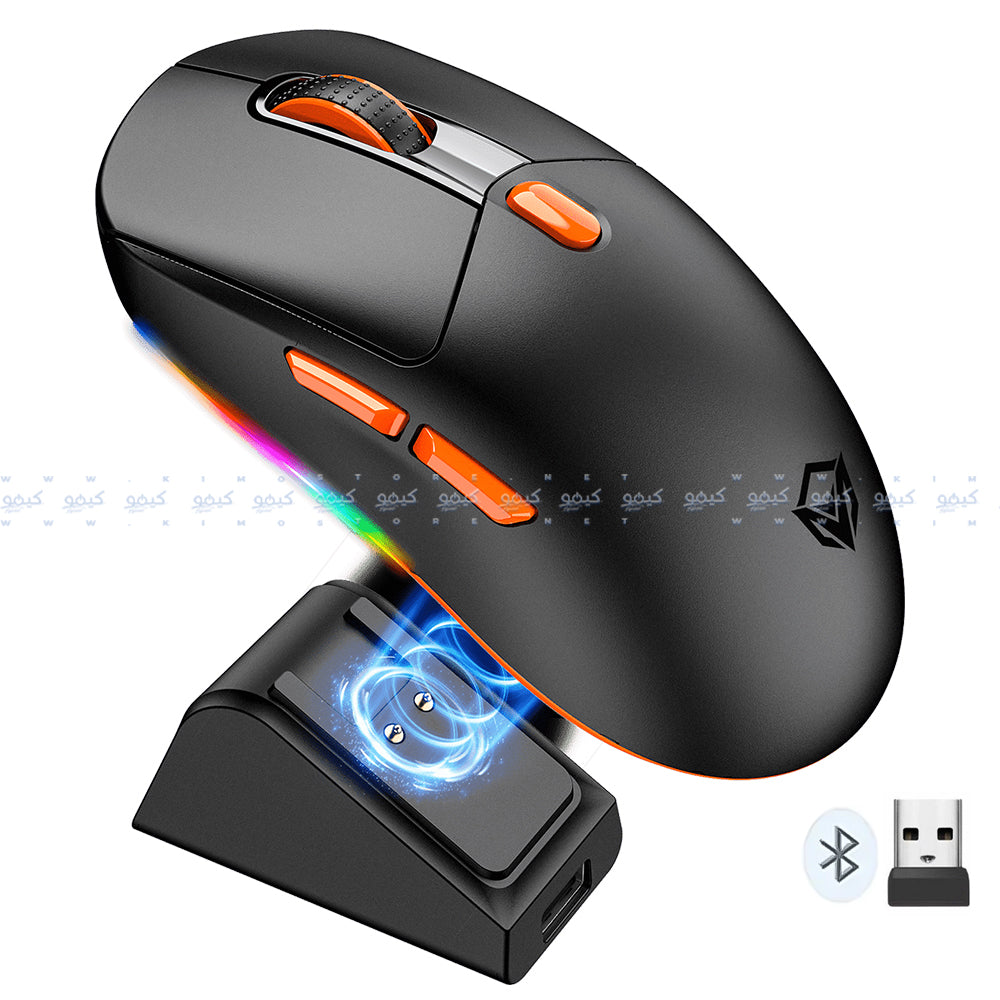 Meetion Air GW38 Triple-Mode Rechargeable Bluetooth Wireless & Wired RGB Gaming Mouse 8000Dpi with Magnetic Charging Dock - Black