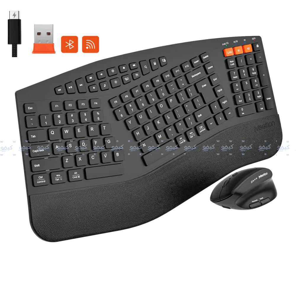 Meetion DirectorB2 Dual Mode Rechargeable Bluetooth Wireless Keyboard + Mouse Combo English & Arabic - Black
