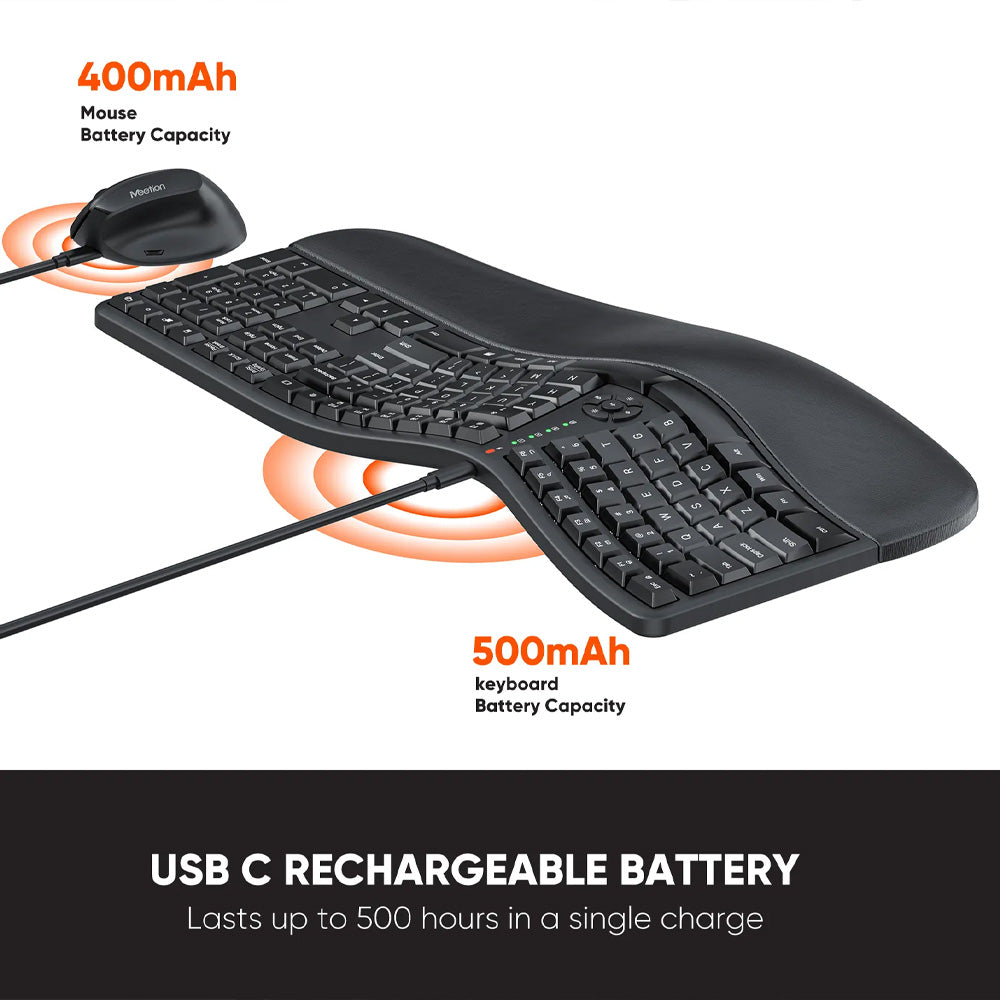 Meetion DirectorC Ergonomic Rechargeable Wireless Keyboard + Mouse Combo English & Arabic - Black