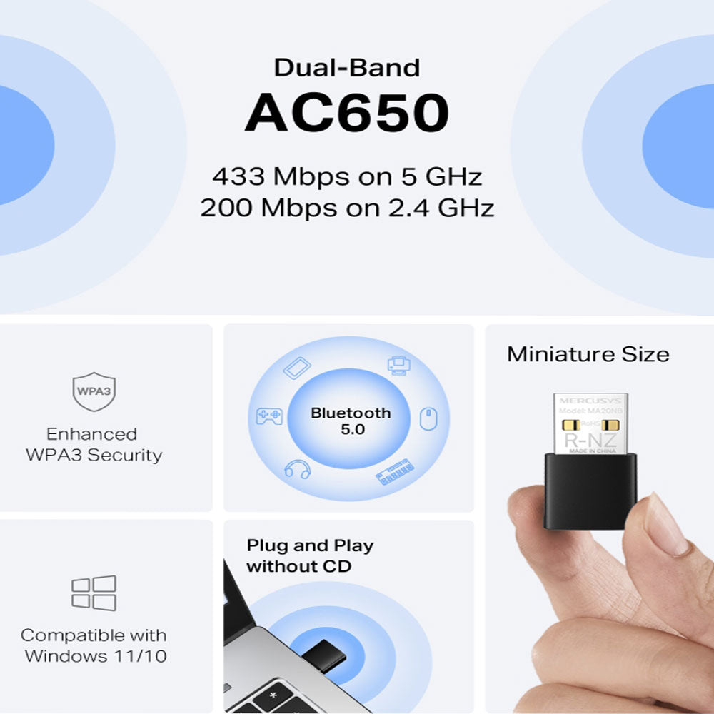 محول بلوتوث يو اس بي نانو واي فاي لاسلكي ميركوسيس 650 ميجابايت في الثانية MA20NB AC650