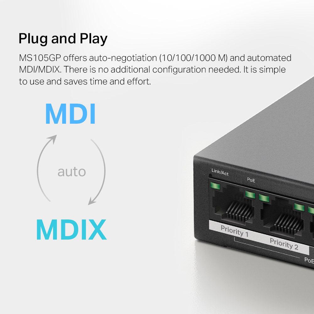 سويتش ميركوسيس 4 منافذ 10/100/1000 ميجابت في الثانية PoE+ + منفذ (RJ45) 10/100/1000 ميجابت في الثانية 65 وات MS105GP Unmanaged Desktop