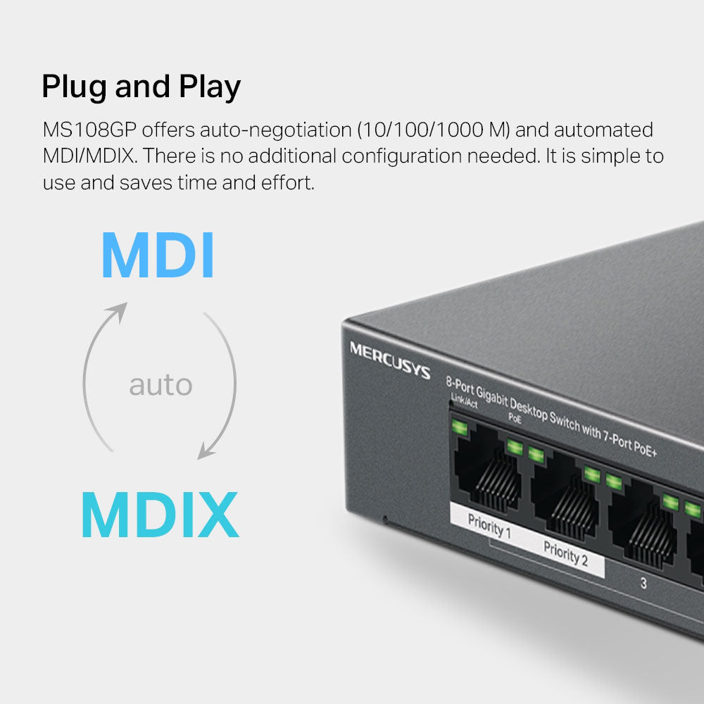 سويتش ميركوسيس 7 منافذ 10/100/1000 ميجابت في الثانية PoE+ + منفذ (RJ45) 10/100/1000 ميجابت في الثانية MS108GP Unmanaged 