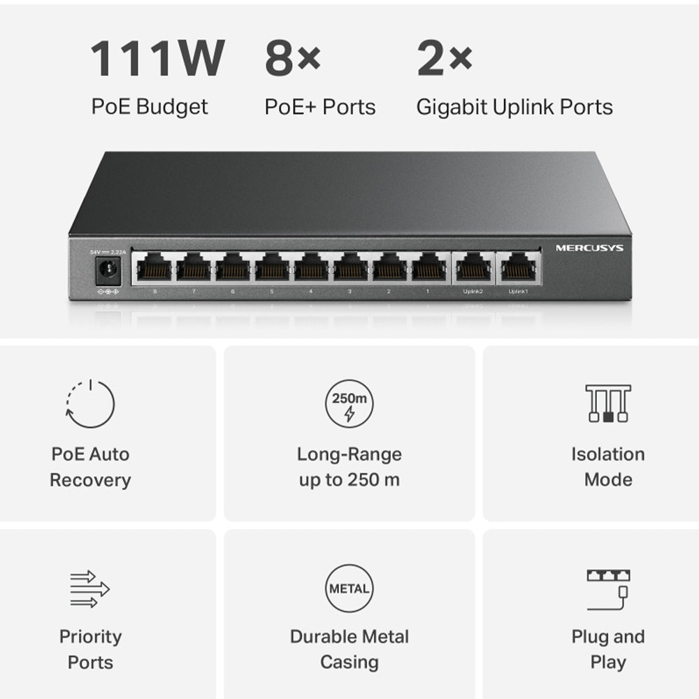سويتش ميركوسيس 8 منافذ 100/10 ميجابت/ثانية +PoE + منفذين (RJ45) 1000 ميجابايت/ثانية MS110GMP Unmanaged Desktop Uplink 
