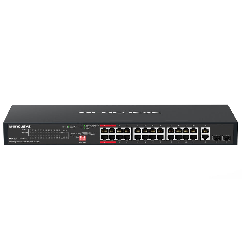 سويتش ميركوسيس 24 منفذ 10/100/1000 ميجابت في الثانية PoE+ + منفذين (RJ45) 10/100/1000 ميجابت في الثانية Uplink + منفذين (SFP) 10/100/1000 ميجابت في الثانية MS128GP Unmanaged Rackmount