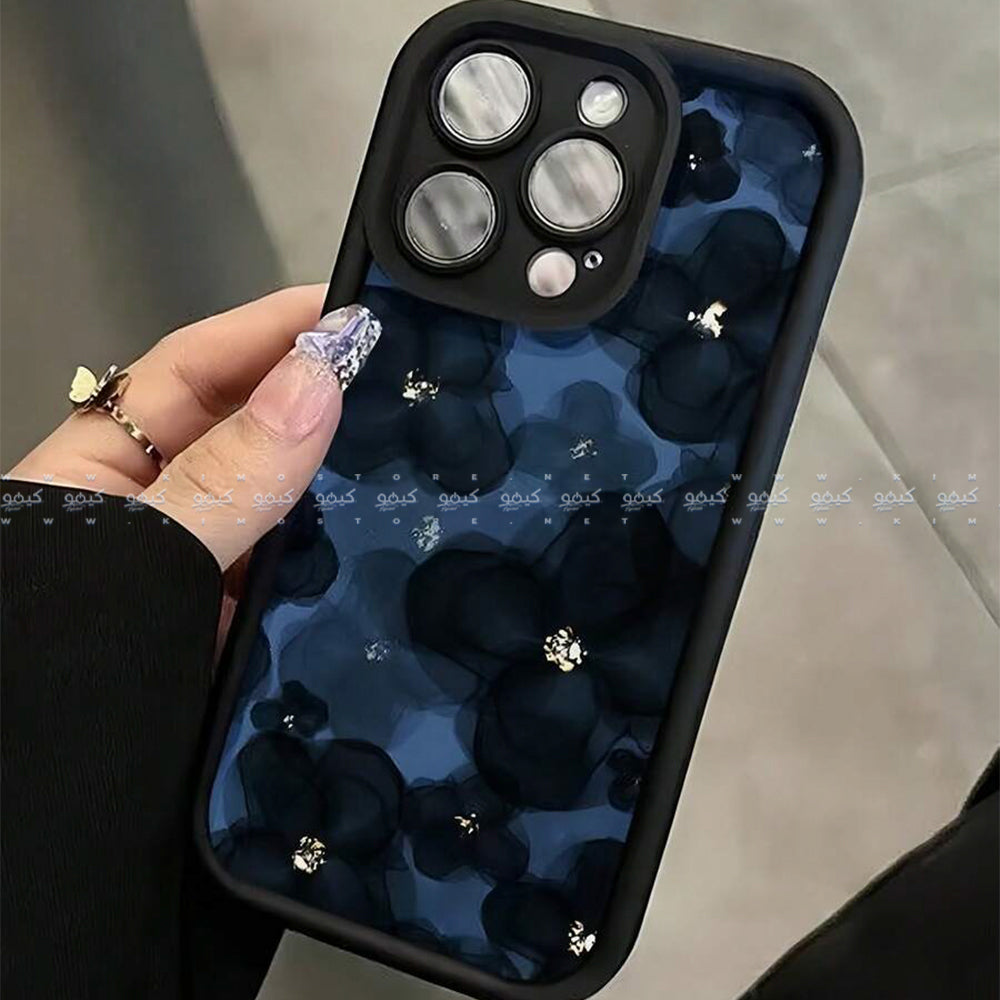 كفر موبايل غير لامع شكل زهور باللون الأزرق الداكن