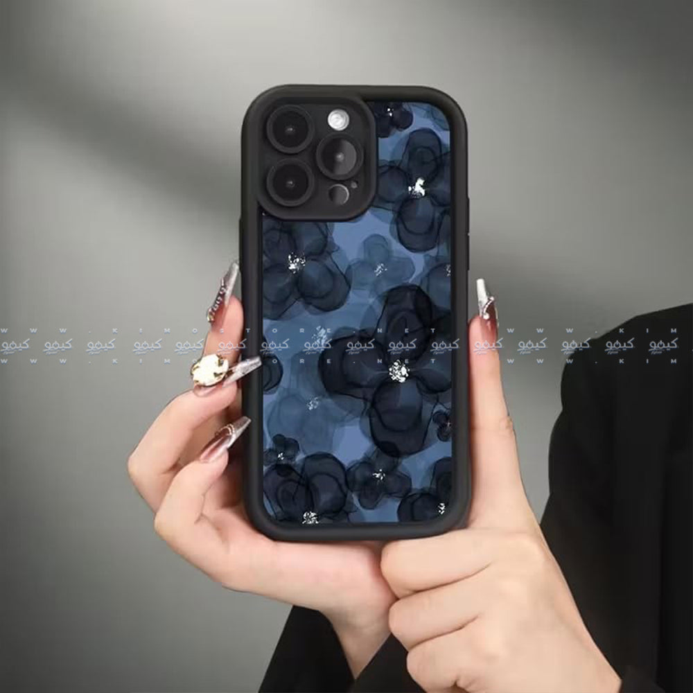 كفر موبايل غير لامع شكل زهور باللون الأزرق الداكن
