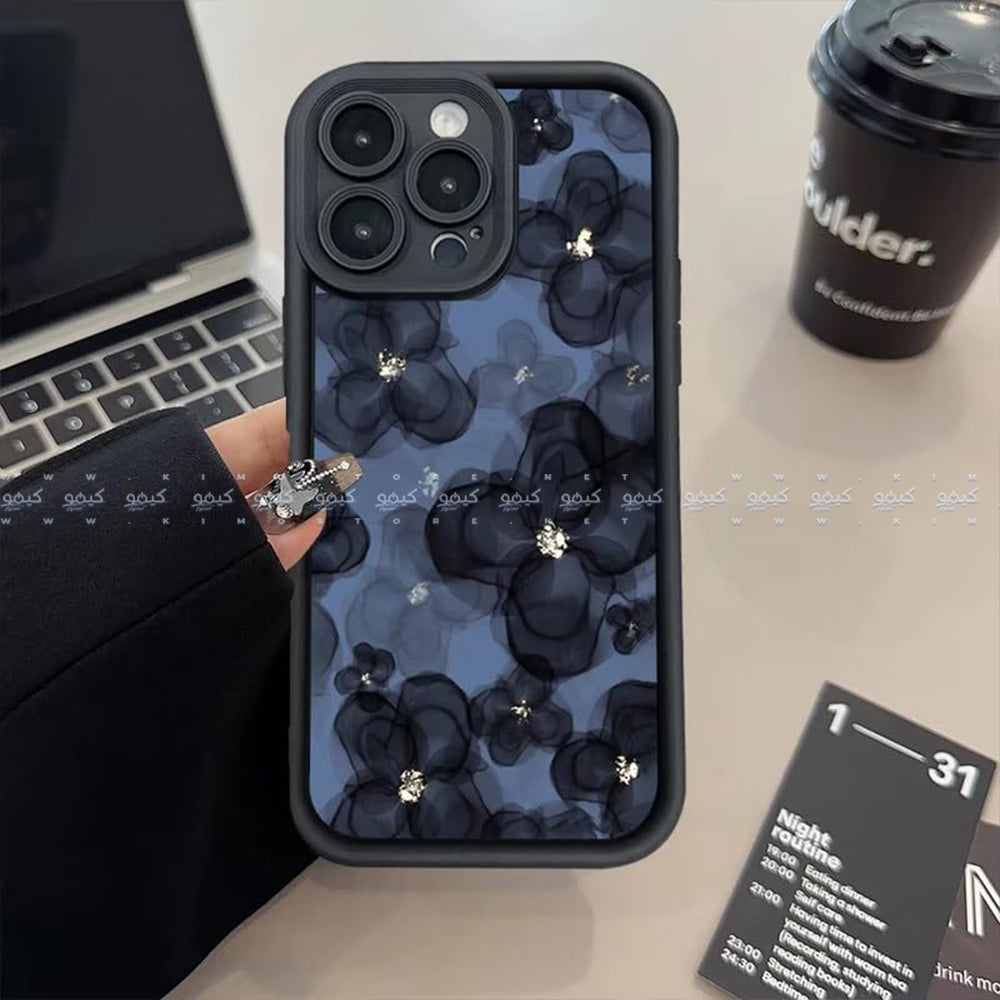 كفر موبايل غير لامع شكل زهور باللون الأزرق الداكن