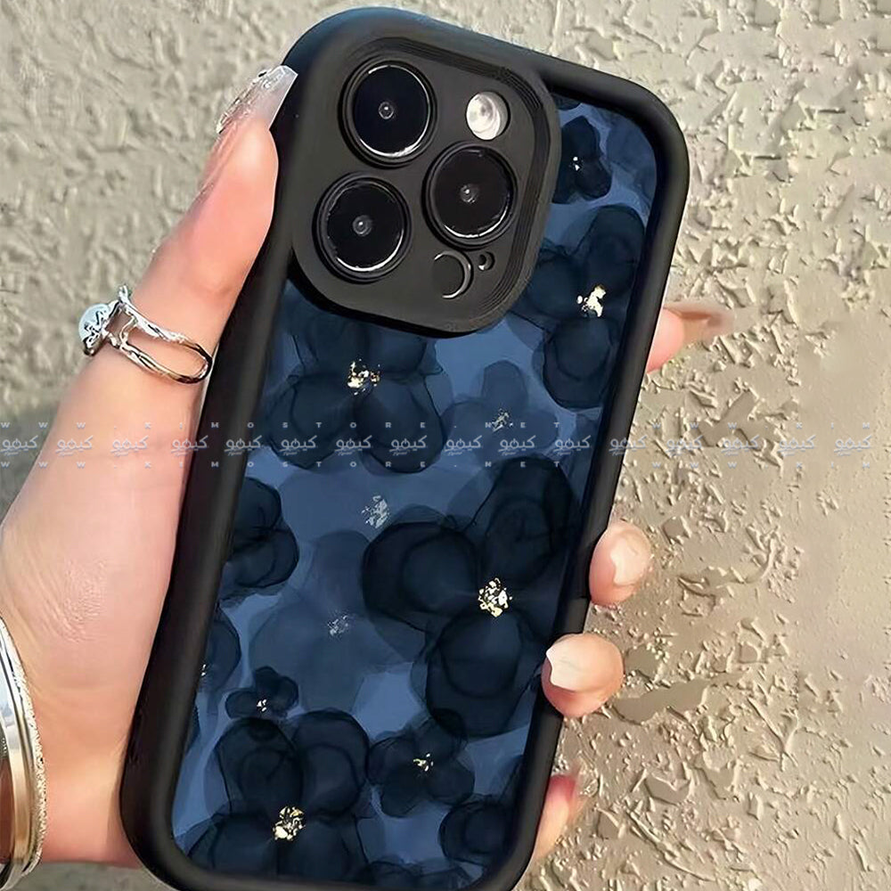 كفر موبايل غير لامع شكل زهور باللون الأزرق الداكن