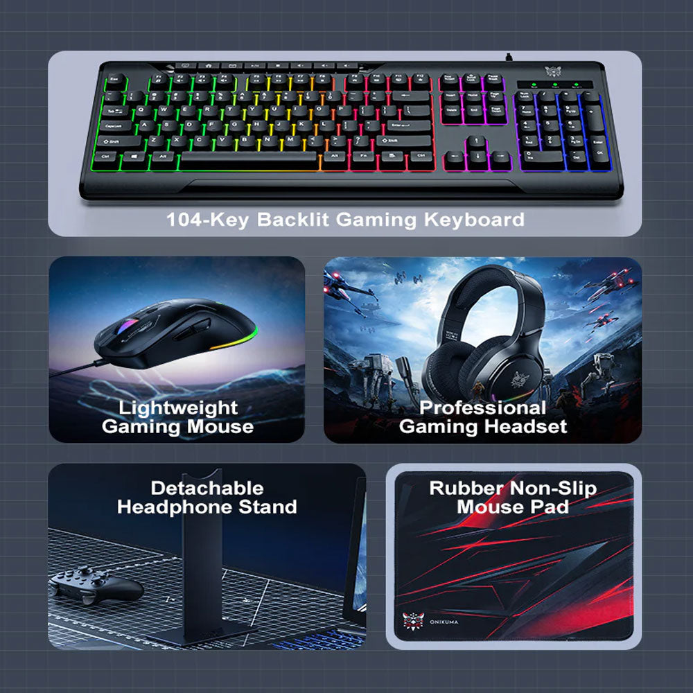 Onikuma TZ5008 5in1 Wired RGB Gaming Keyboard + Mouse + Mouse Pad + Headset + Stand Combo English