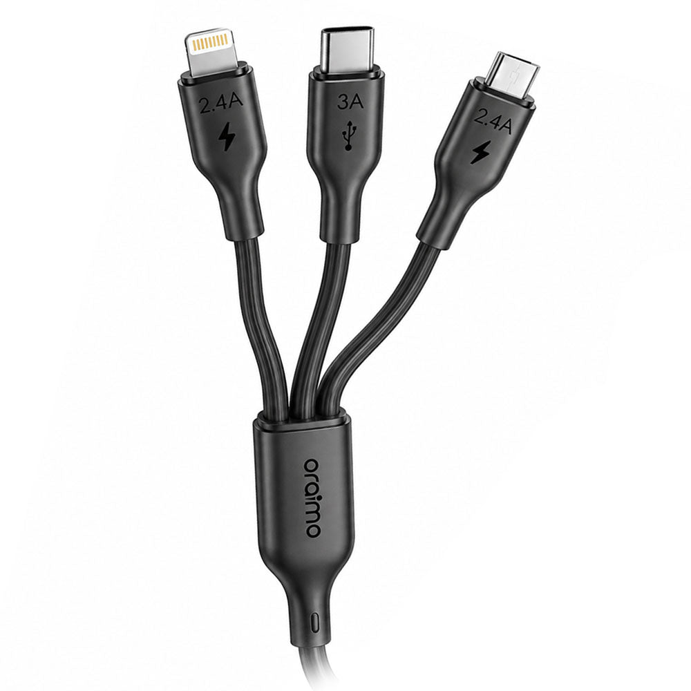 Oraimo Duraline 4 OCD-118MCL USB To Type-C + Micro + Lightning 3in1 Cable 3A 60W Fast Charging 1.2m - Black