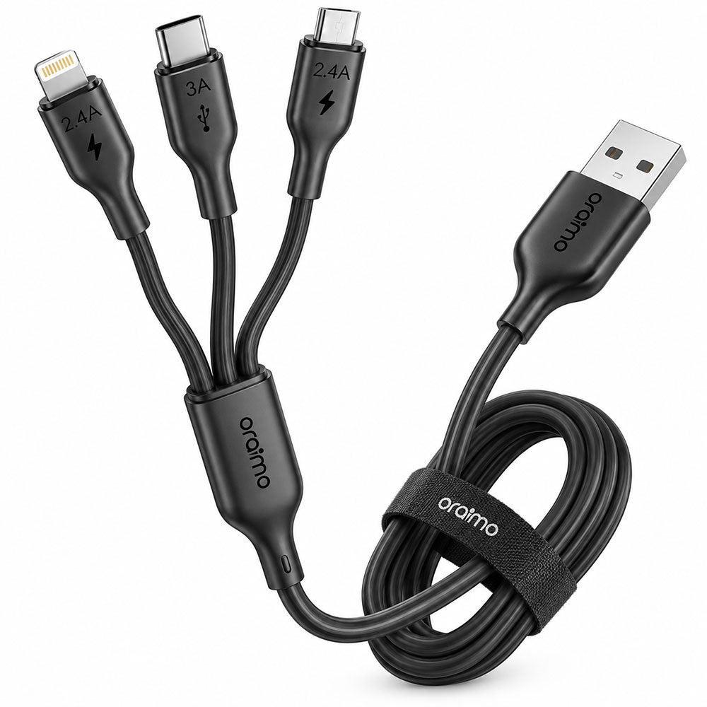 Oraimo Duraline 4 OCD-118MCL USB To Type-C + Micro + Lightning 3in1 Cable 3A 60W Fast Charging 1.2m - Black