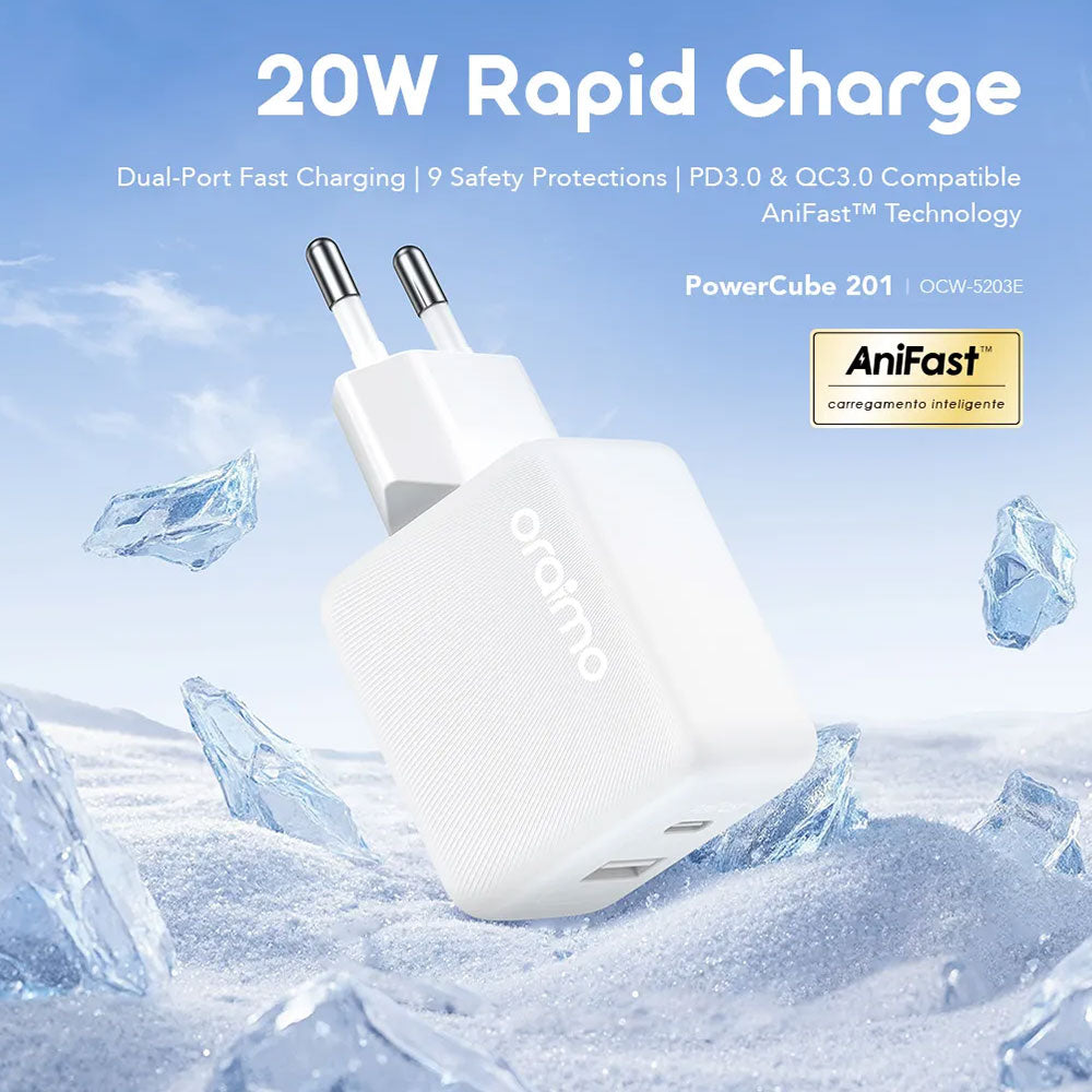 Oraimo PowerCube 201 OCW-5203ECC Wall Charger PD Type-C + USB + Type-C Cable 20W Fast Charging - White