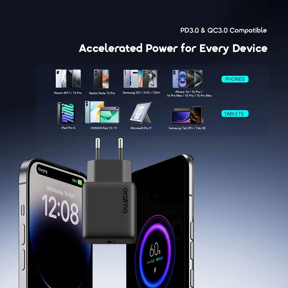 Oraimo PowerGaN 251 OCW-5251ECC Wall Charger PD Type-C 25W Fast Charging - Black
