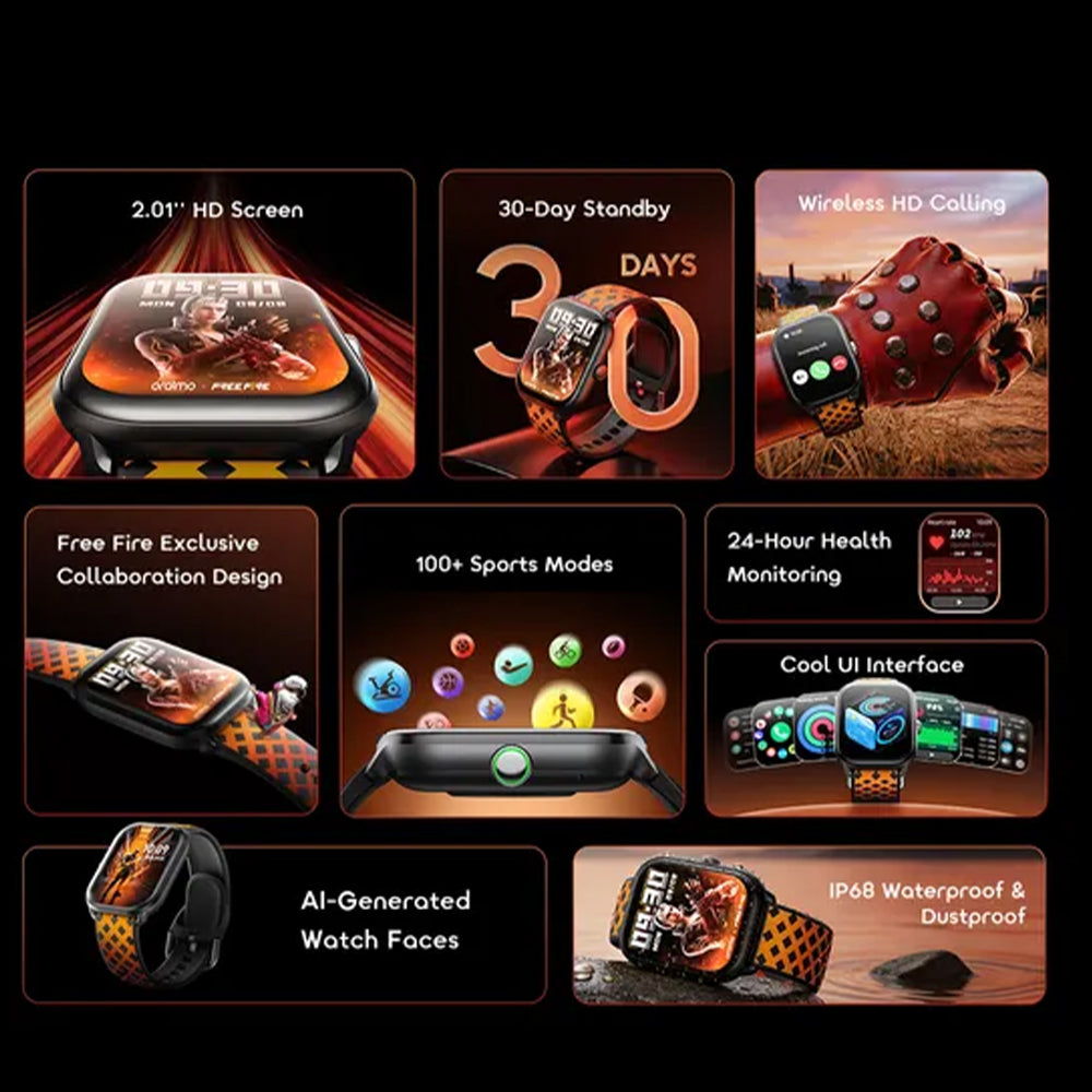 ساعة سمارت اورايمو 6 HAYATO X Free Fire OSW-809 هيكل اسود مع سوار سيليكون أحمر