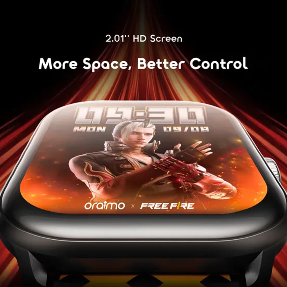 ساعة سمارت اورايمو 6 HAYATO X Free Fire OSW-809 هيكل اسود مع سوار سيليكون أحمر