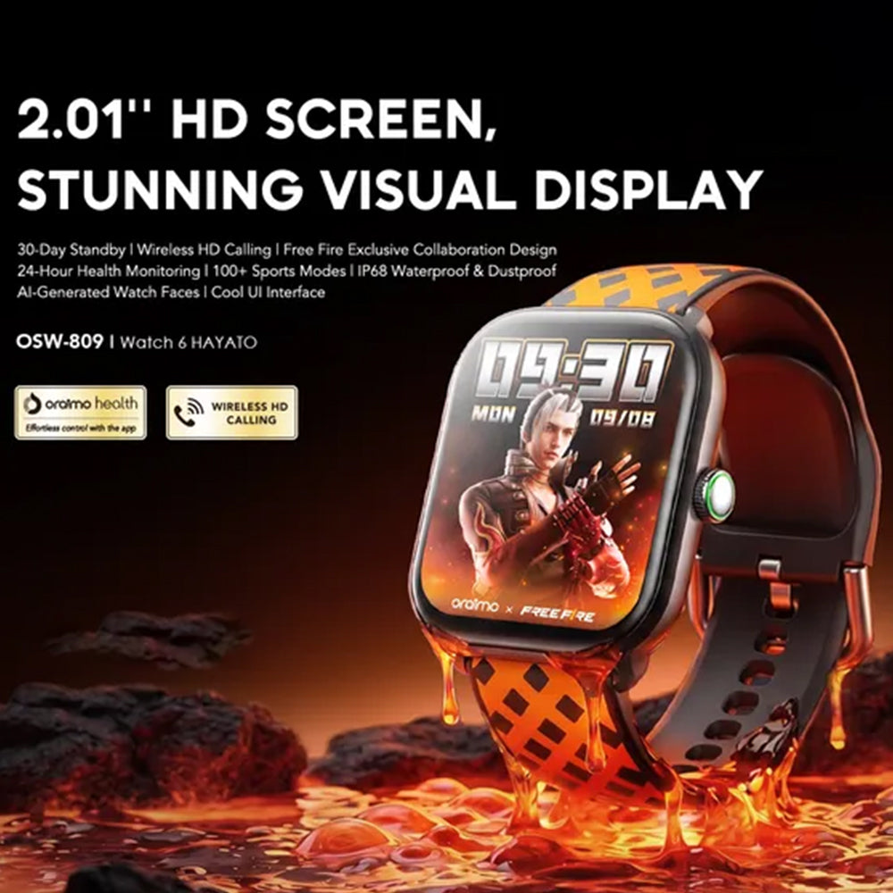 ساعة سمارت اورايمو 6 HAYATO X Free Fire OSW-809 هيكل اسود مع سوار سيليكون أحمر