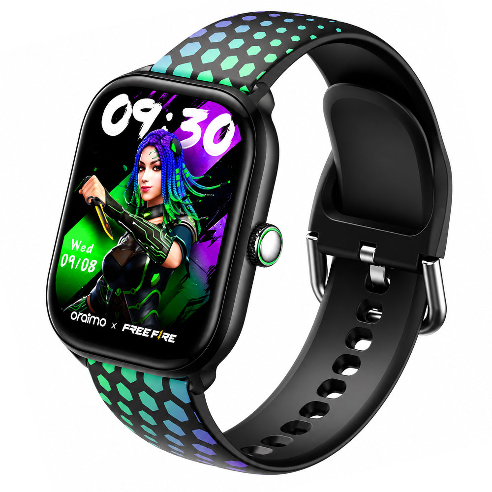 ساعة سمارت اورايمو 6 Moco X Free Fire OSW-809 هيكل اسود مع سوار سيليكون أخضر