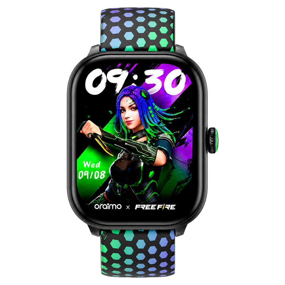 ساعة سمارت اورايمو 6 Moco X Free Fire OSW-809 هيكل اسود مع سوار سيليكون أخضر