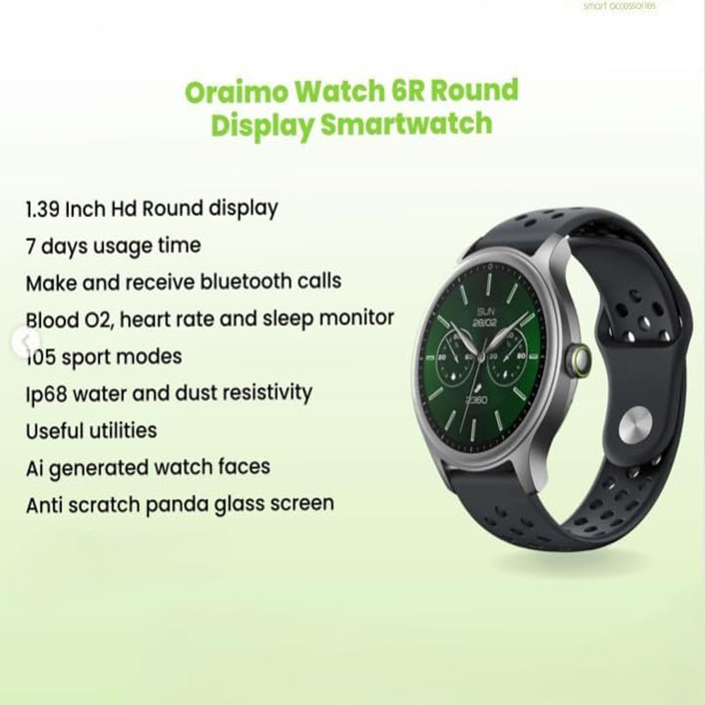 Oraimo Watch 6R OSW-823 Smart Watch Chrome Case With Black Silicone Strap